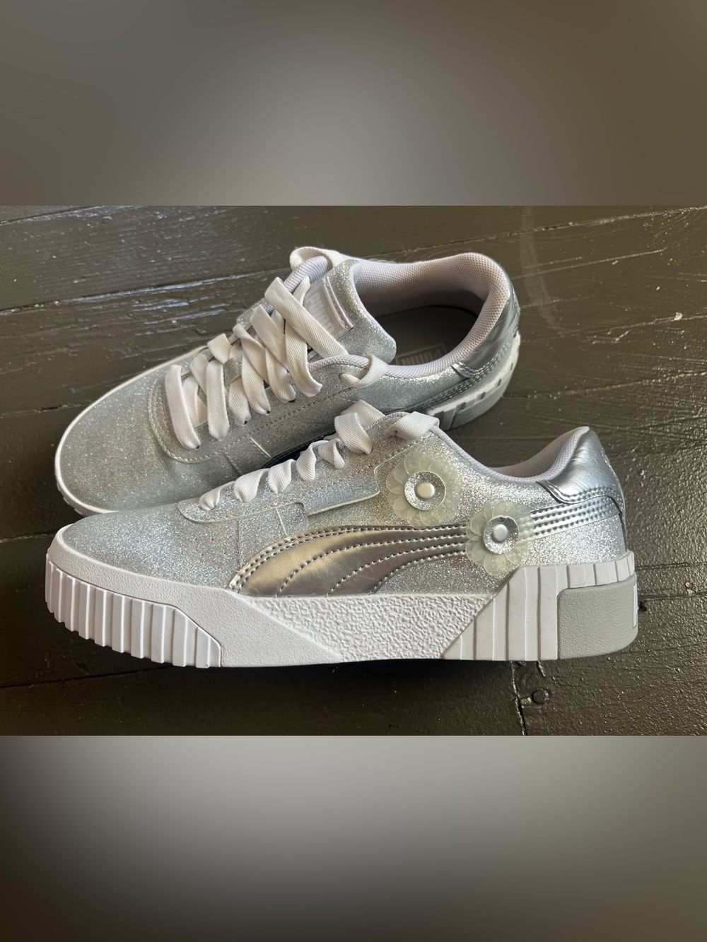 PUMA Cali Ice Silver Platform Sneakers with Floral Accents